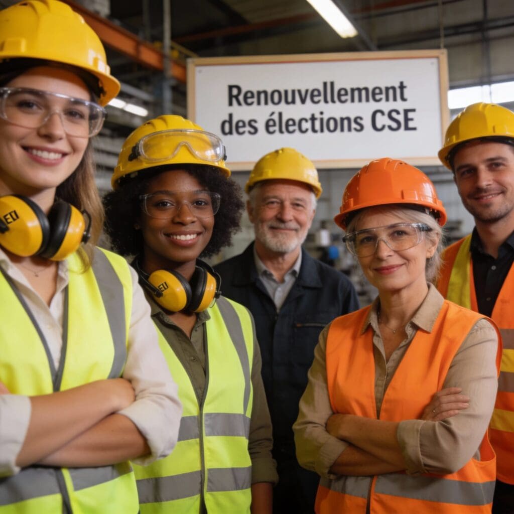Équipe souriante en tenue de sécurité, affichant "Renouvellement des élections CSE