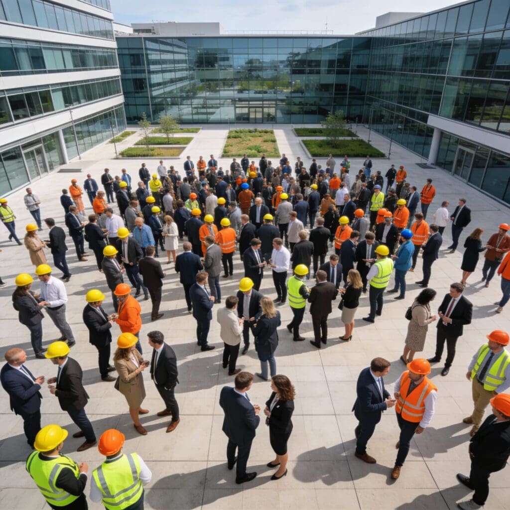 Groupe diversifié de professionnels en tenue de sécurité sur une place moderne.