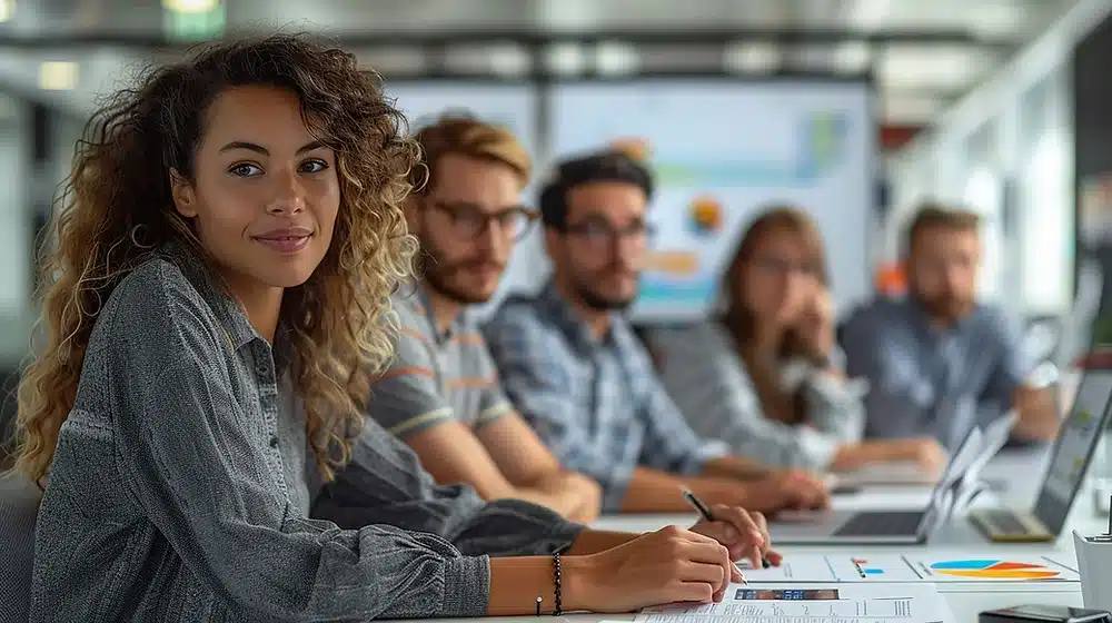 Femme souriante en réunion d'équipe, formation CSE intra-entreprise
