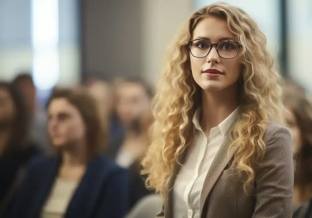 Femme blonde en blazer avec lunettes, formation CSE